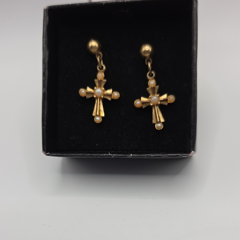 Avon Gold Cross Earrings with Pearl Accents. 2015